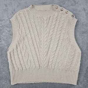 LOFT Cable Knit Sweater Vest Cream Button Shoulder 100% Cotton Women's XL